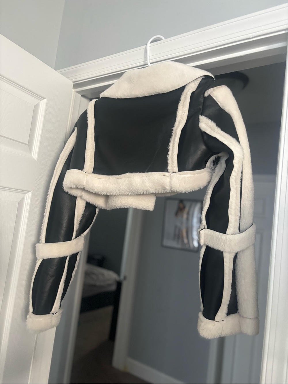 Black Faux Leather Cropped Shearling Jacket with Cream Trim